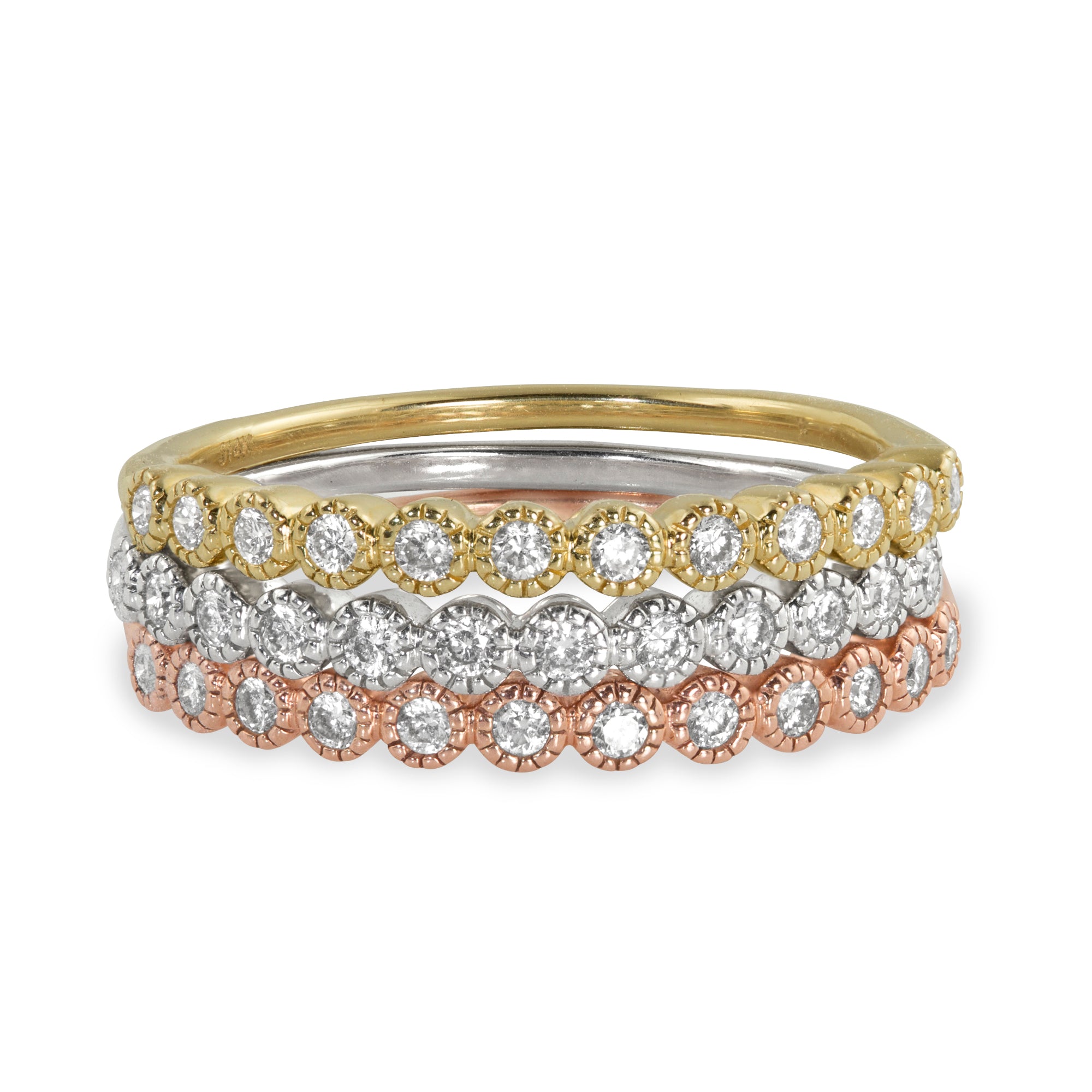 14k gold RAZZ half eternity diamond rings stacked in all golds