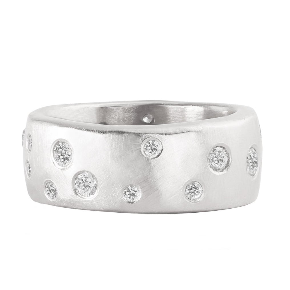 14k white gold wide band ring with scattered diamonds