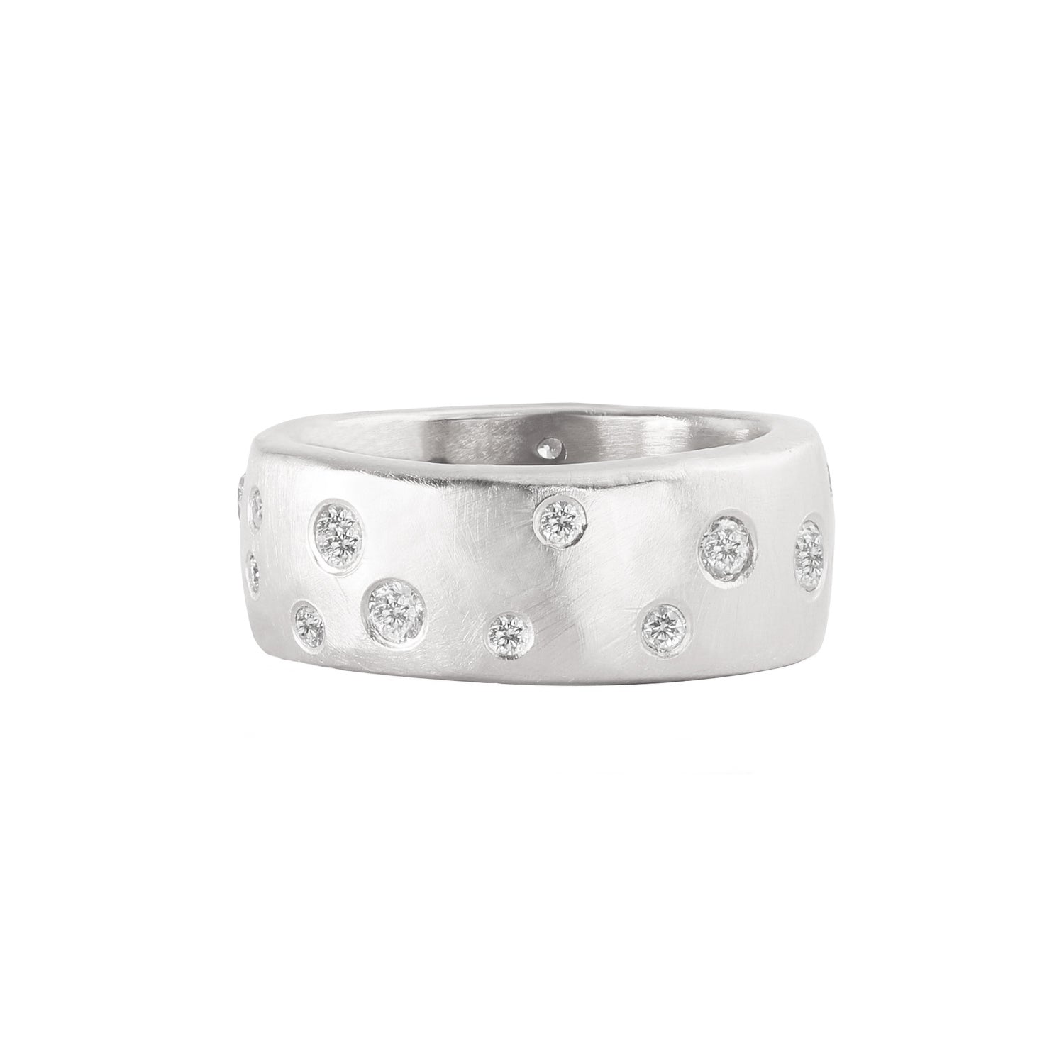 14k white gold wide band ring with scattered diamonds