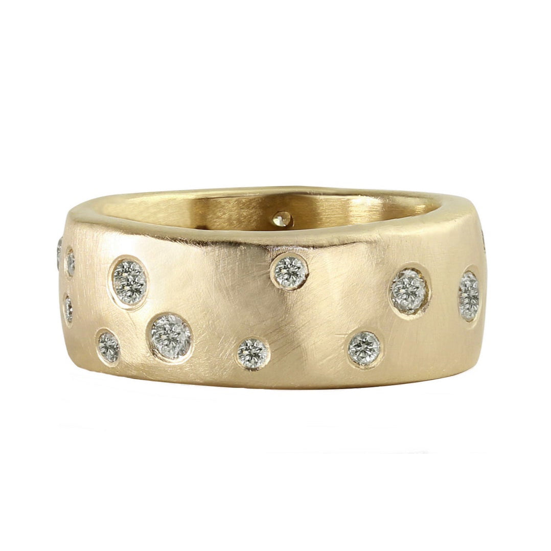 14k yellow gold REND wide band ring with scattered diamonds
