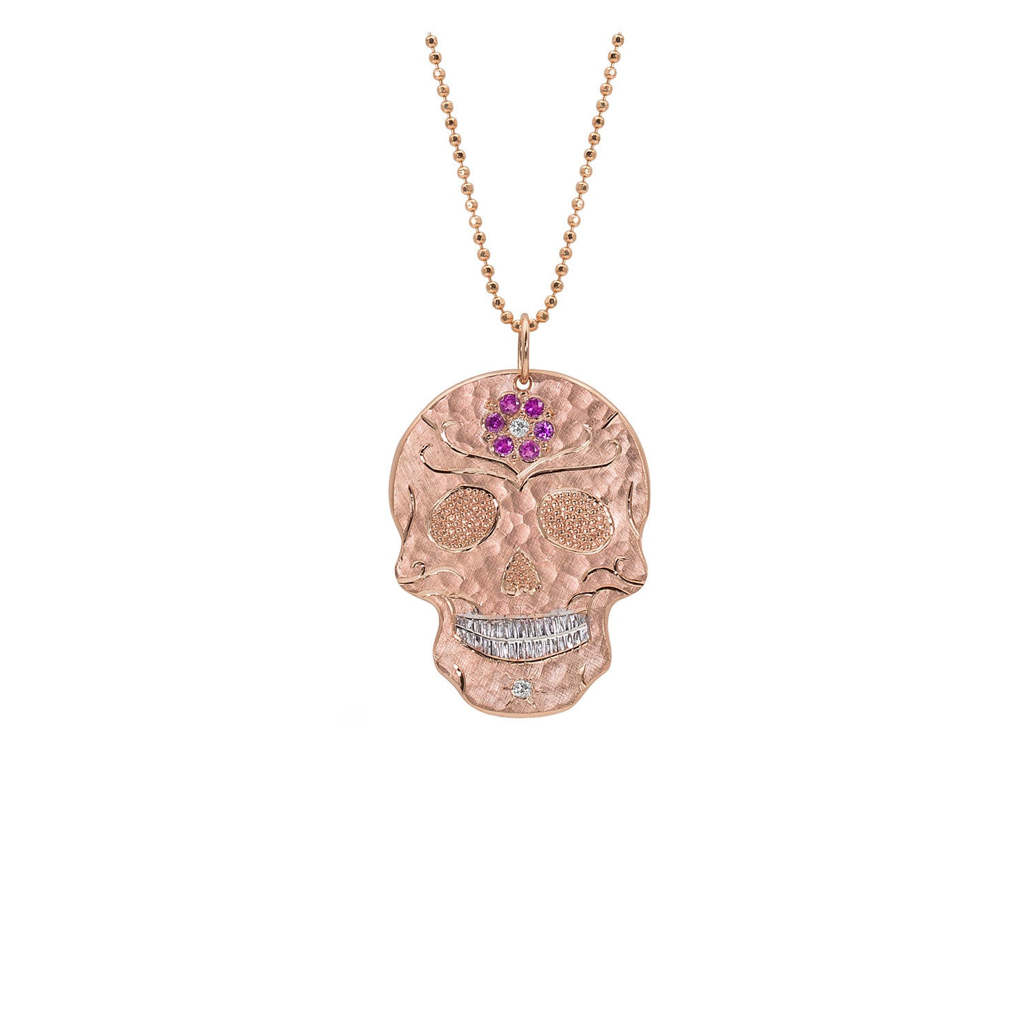 14k rose gold medium SKOR Ghostrider with plain beaded eyes and sapphire flower