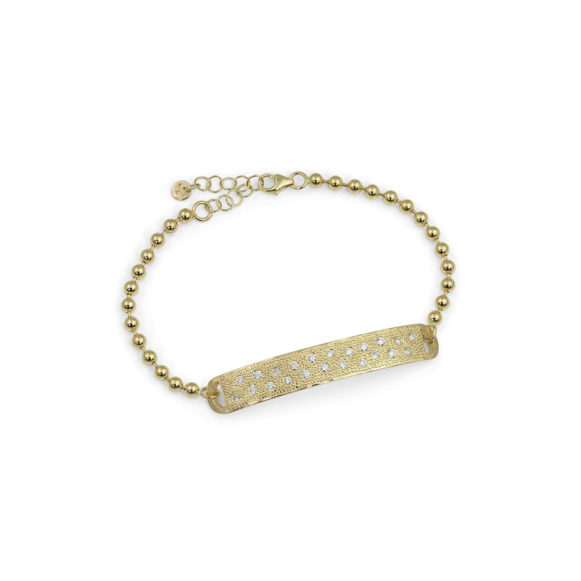 14k yellow gold SOMA bar bracelet with scattered diamonds and 3.0mm ball link chain