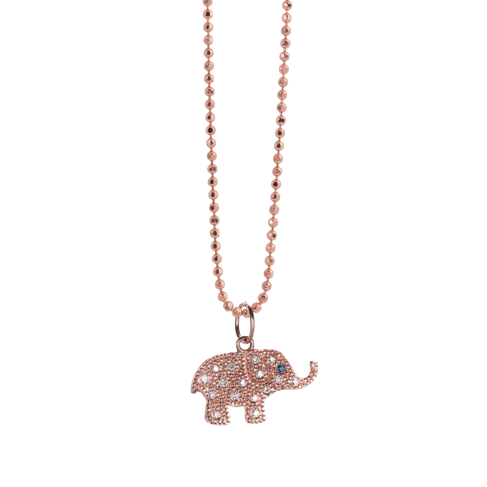 14k rose gold baby ELLI elephant charm with scattered diamonds and sapphire eye