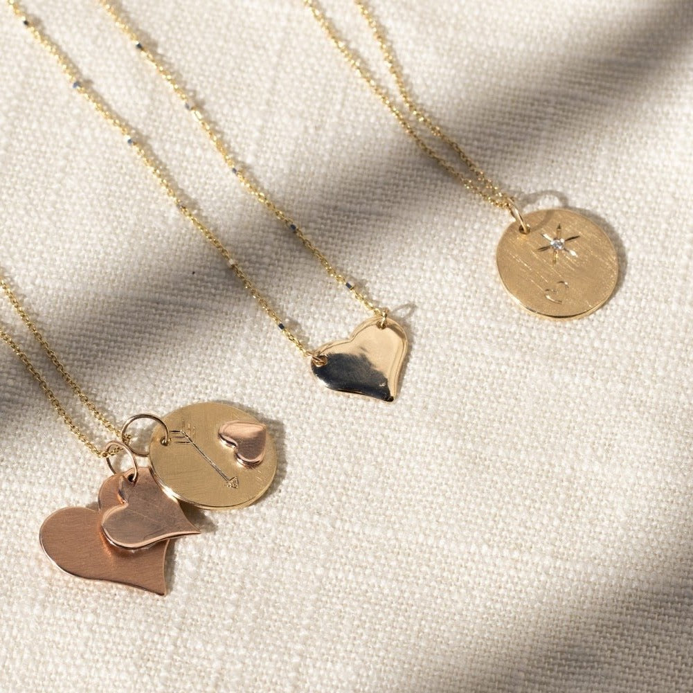 14k gold LAZA heart necklace with GLOV LADA and LAMI