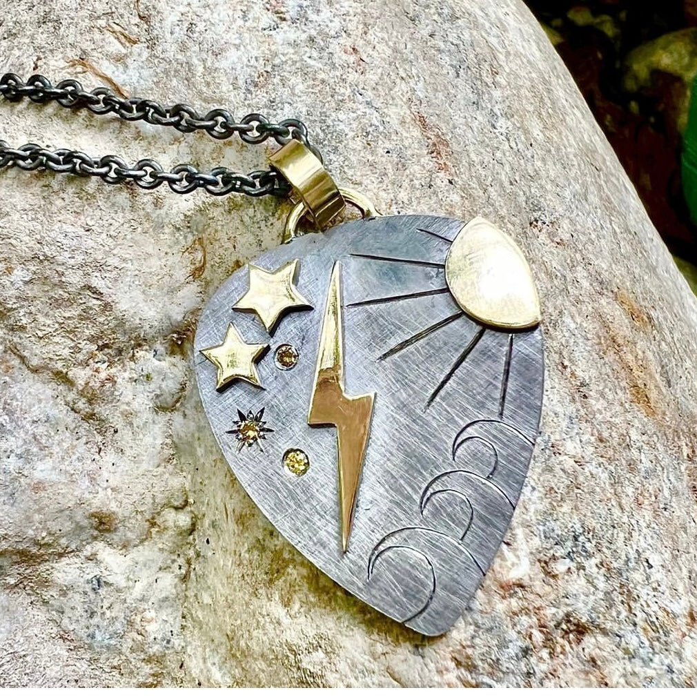 JAKE Blackened Sterling Silver Guitar Pick Pendant with 14k Gold Accents