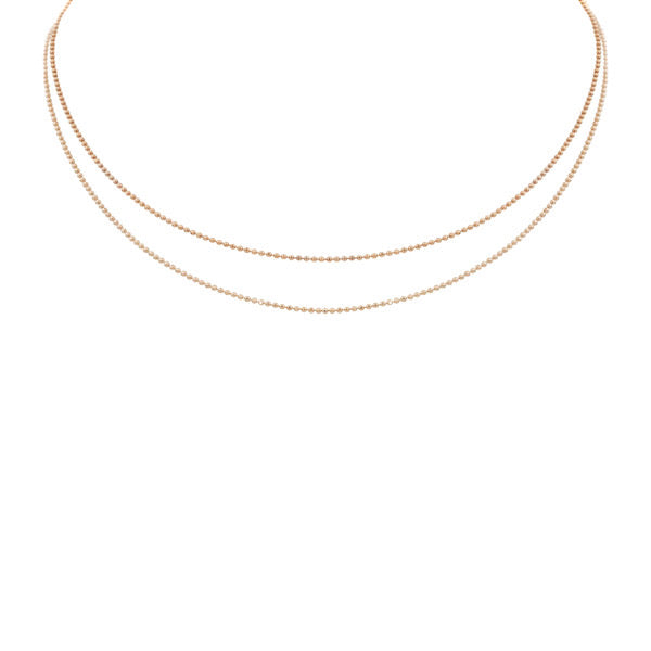 14k yellow gold dainty diamond ball chain double strand necklace in 14k yellow gold on white background.
