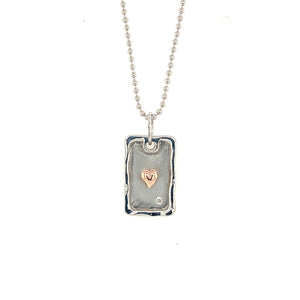 14k white gold DAVO small rectangle dog tag with accent gold color heart