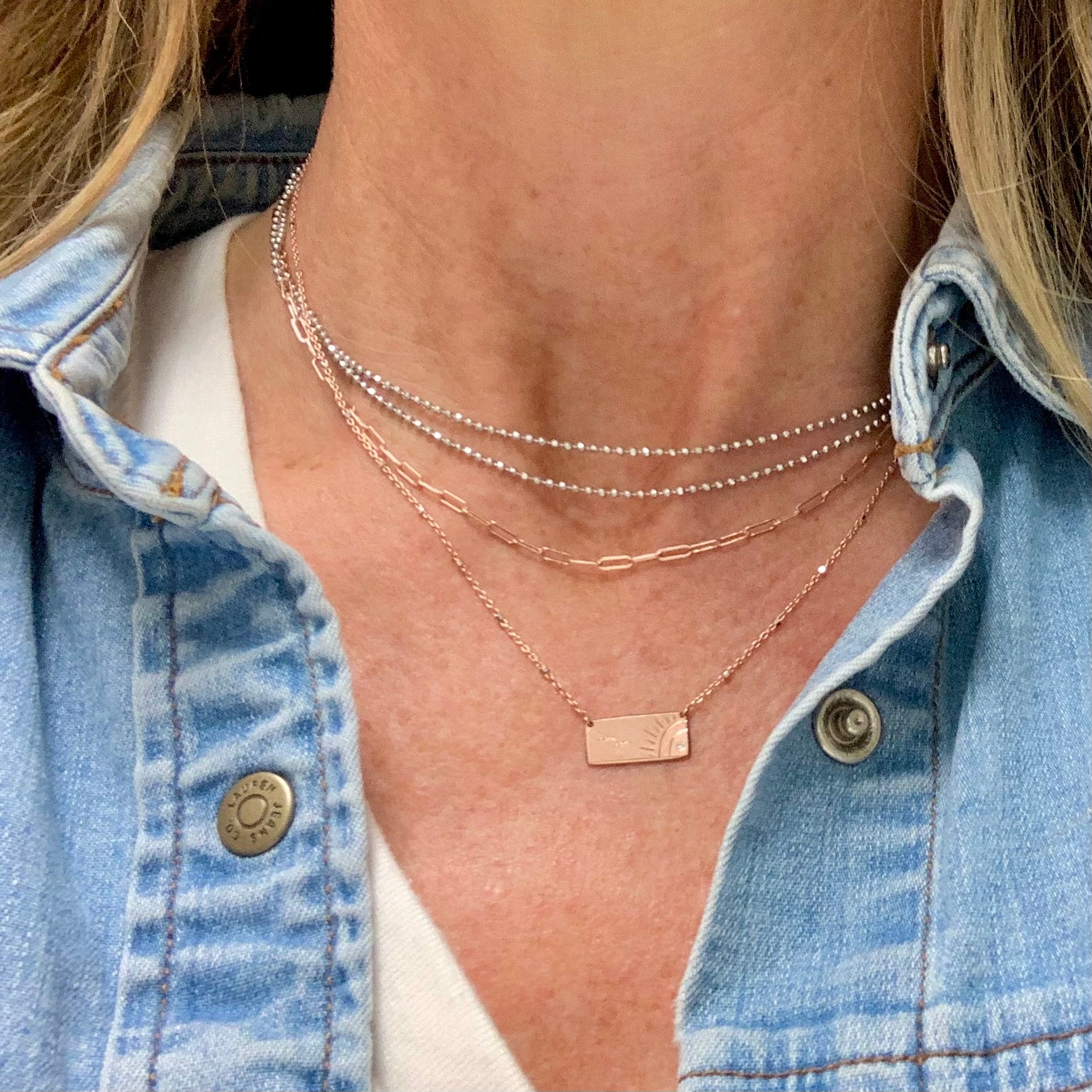 14k gold COCO necklace on model