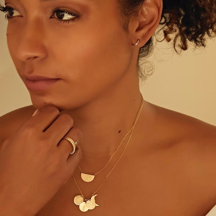14k gold GORP necklace on model