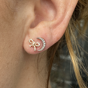 14k gold MOON diamond post earrings on model