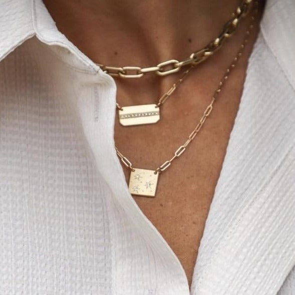 14k gold MORZ diamond necklace on model