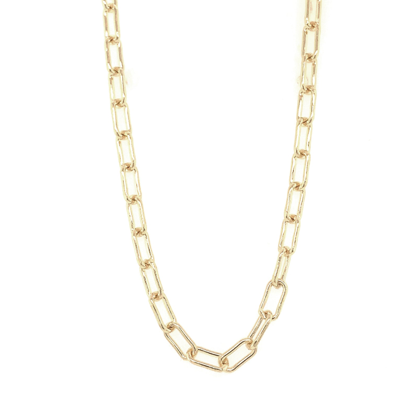 Large 14k gold paperclip chain necklace, 3.2mm width, solid gold, handcrafted statement necklace on white background.