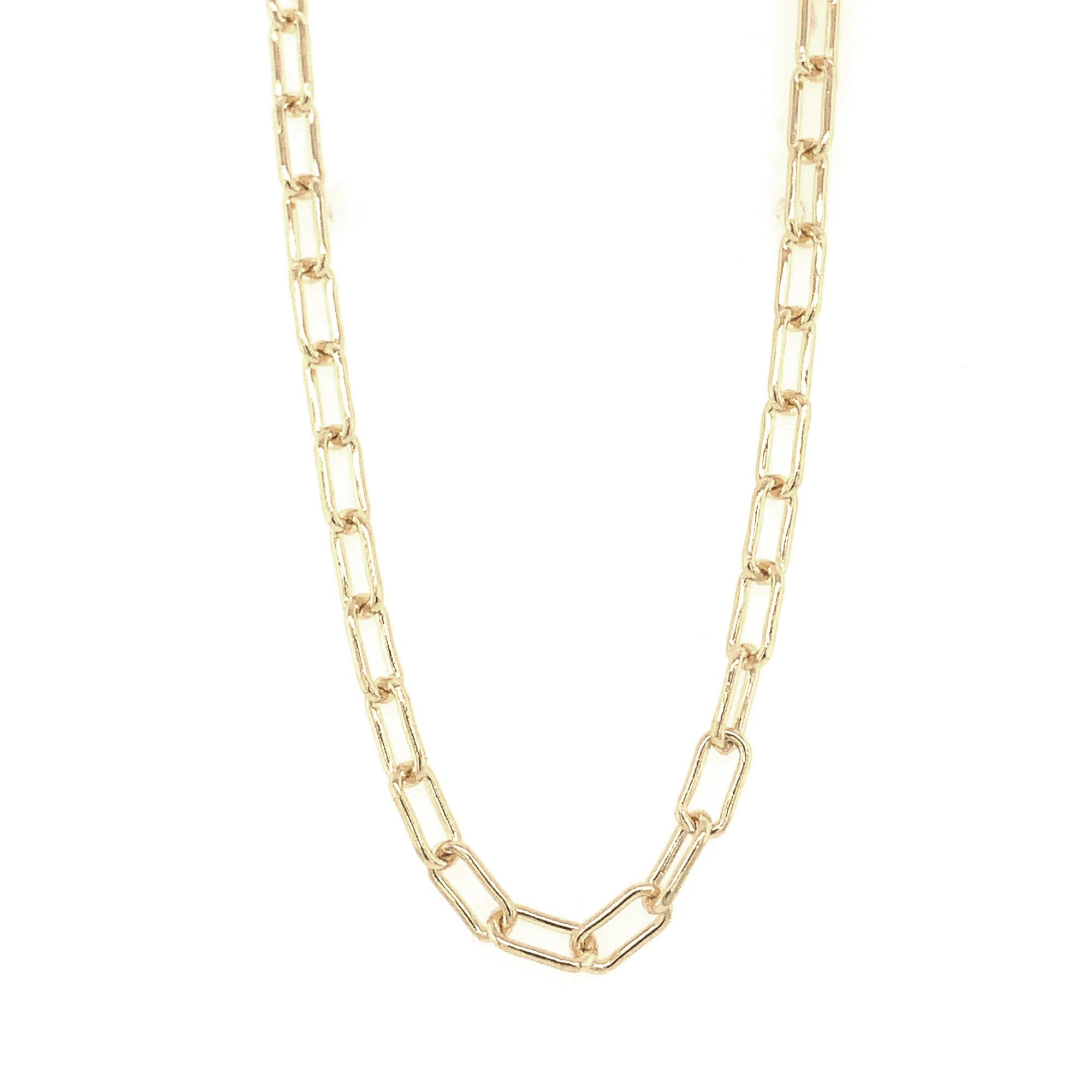 Large 14k gold paperclip chain necklace, 3.2mm width, solid gold, handcrafted statement necklace on white background.