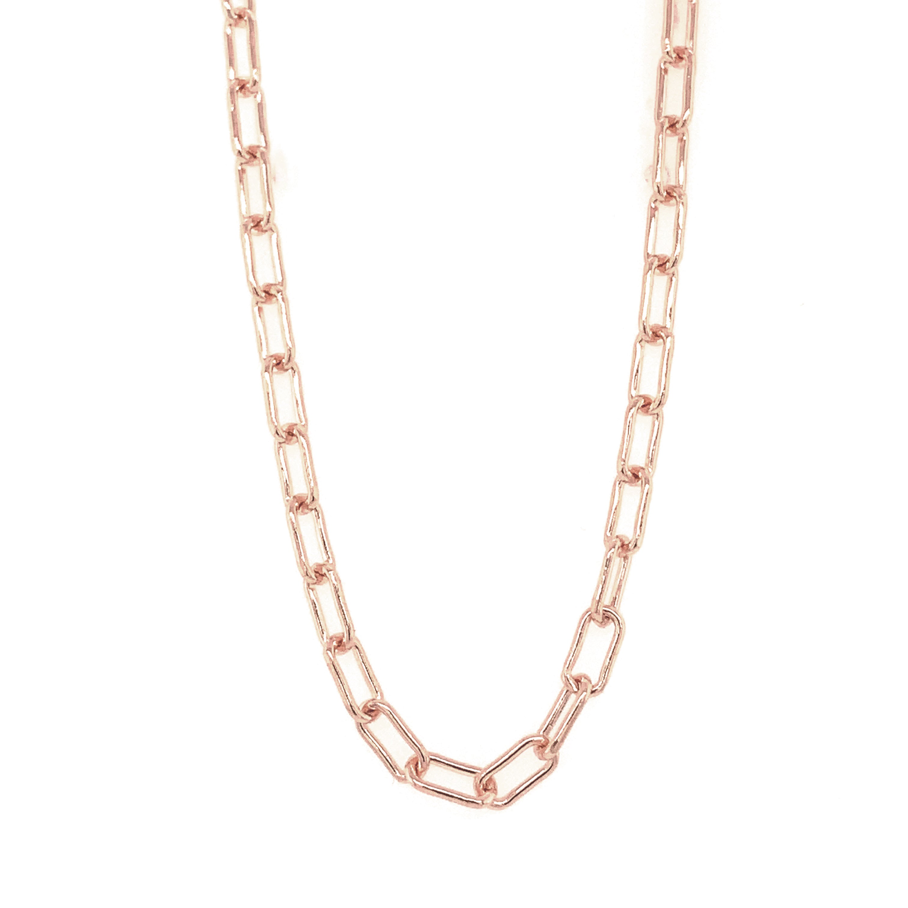 Large 14k rose gold paperclip chain necklace, 3.2mm width, solid gold, handcrafted statement necklace on white background